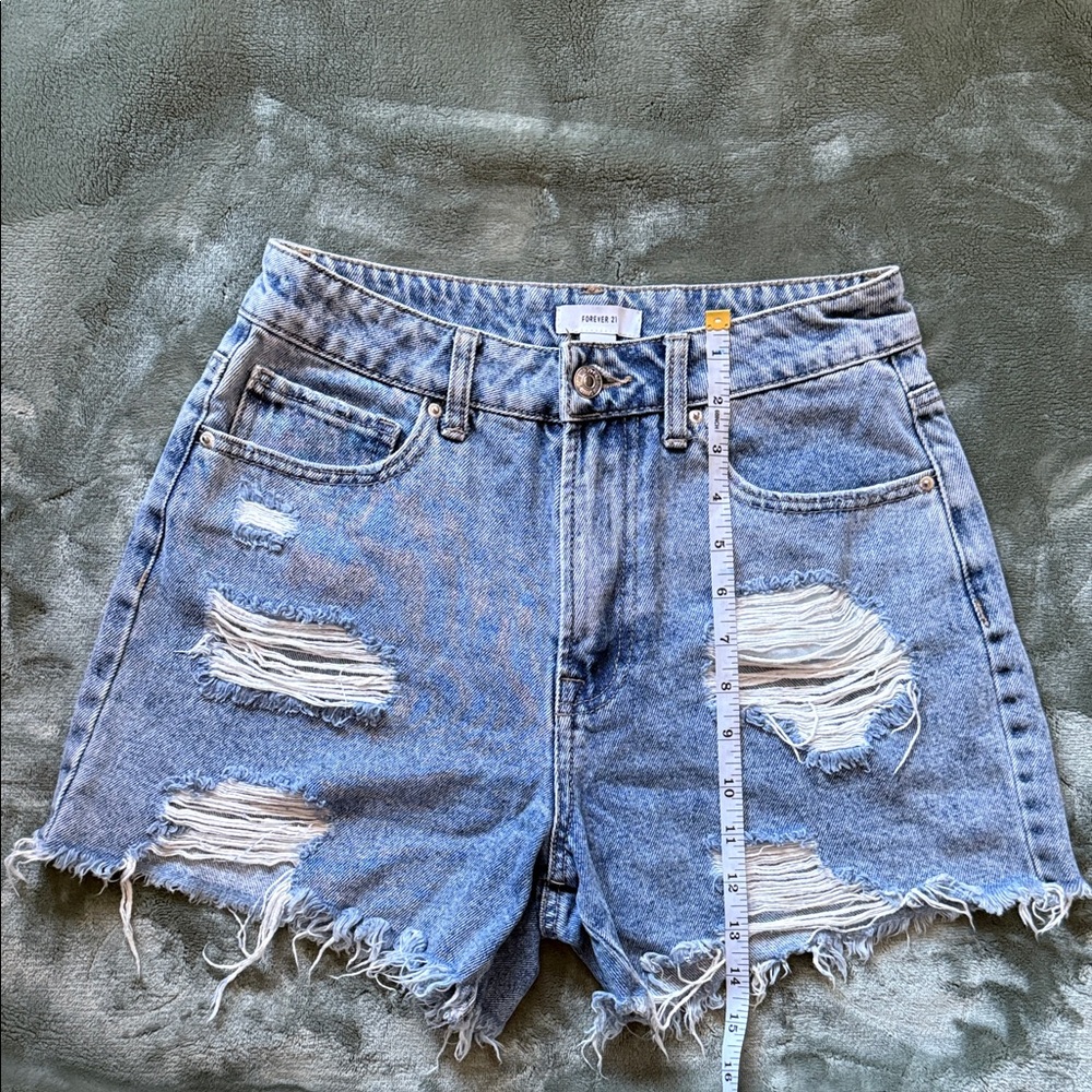 Forever 21 Light Blue High Waist Distressed Denim Shorts